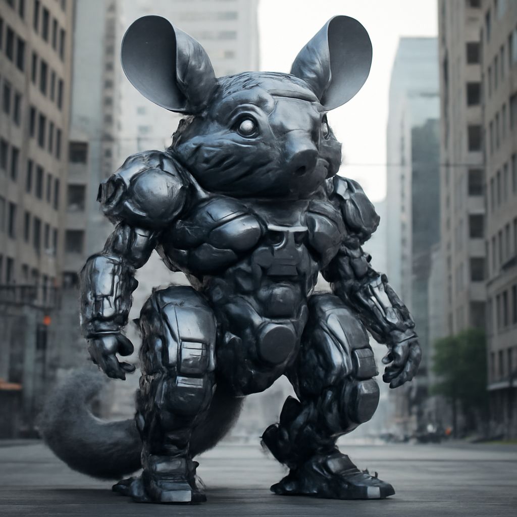 Mecha chinchilla dans une rue de ville