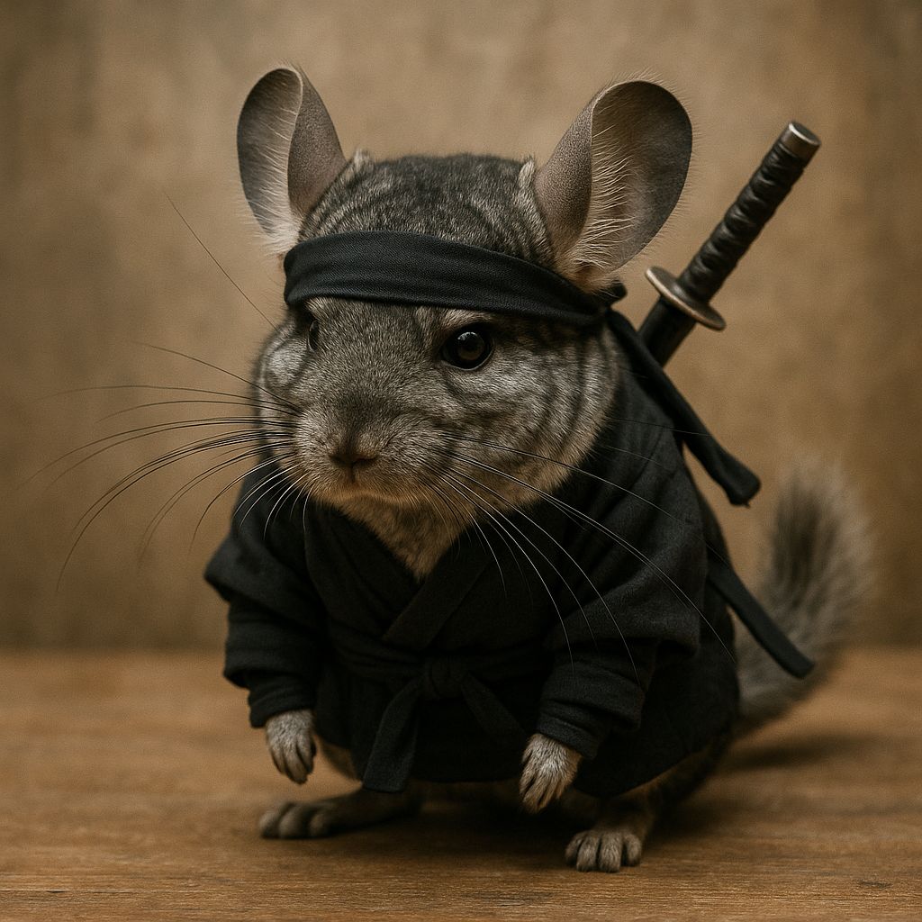 Chinchilla déguisé en ninja avec bandeau noir